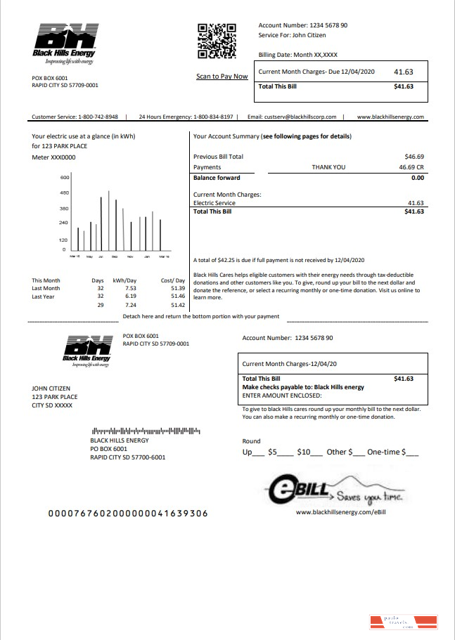 USA South Dakota Black Hills Energy utility bill template in Word and PDF format